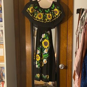 MEXICANA Black Dress with Yellow and Green Floral Embroidery
